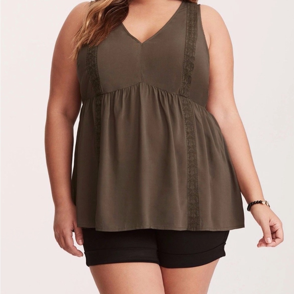 Torrid Dark Fairy Grunge Whimsigoth Boho Babydoll Tank Challis Olive Green 2X 2